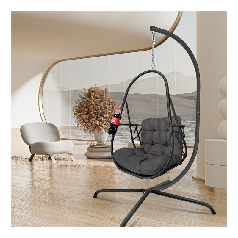 Chaise suspendue pivotante en osier avec support pour l'intérieur et l'extérieur en rotin avec support de type C, avec coussin et oreiller