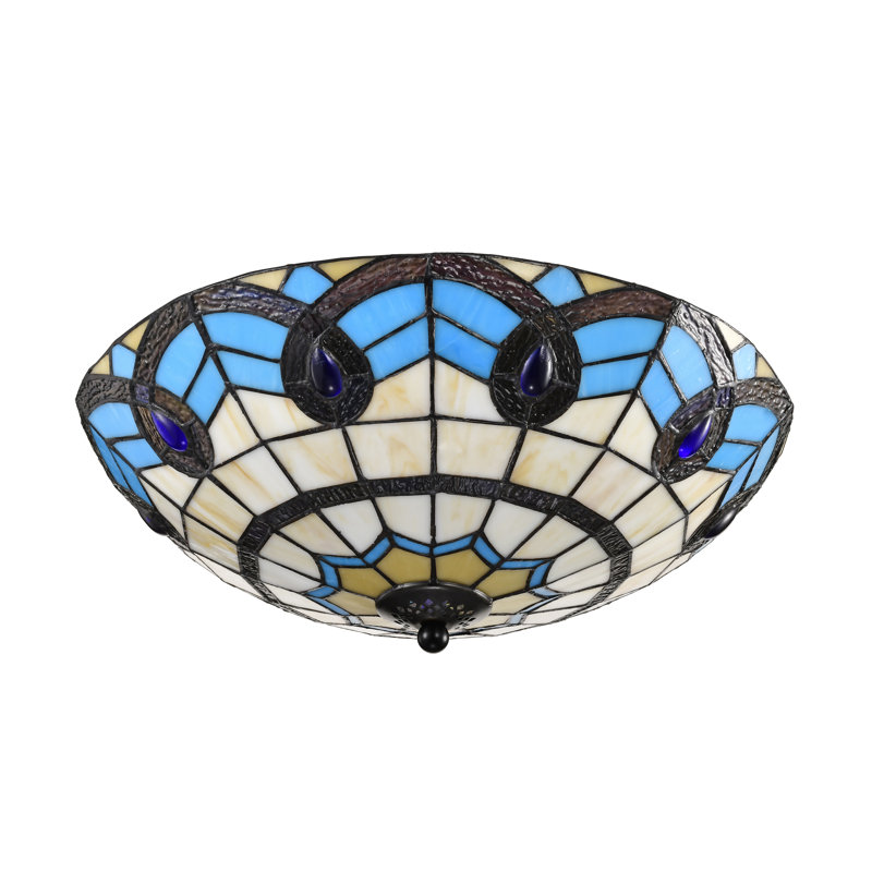 Thora Turquoise Blue, Ivory Tiffany Style Flushmount Ceiling Lamp