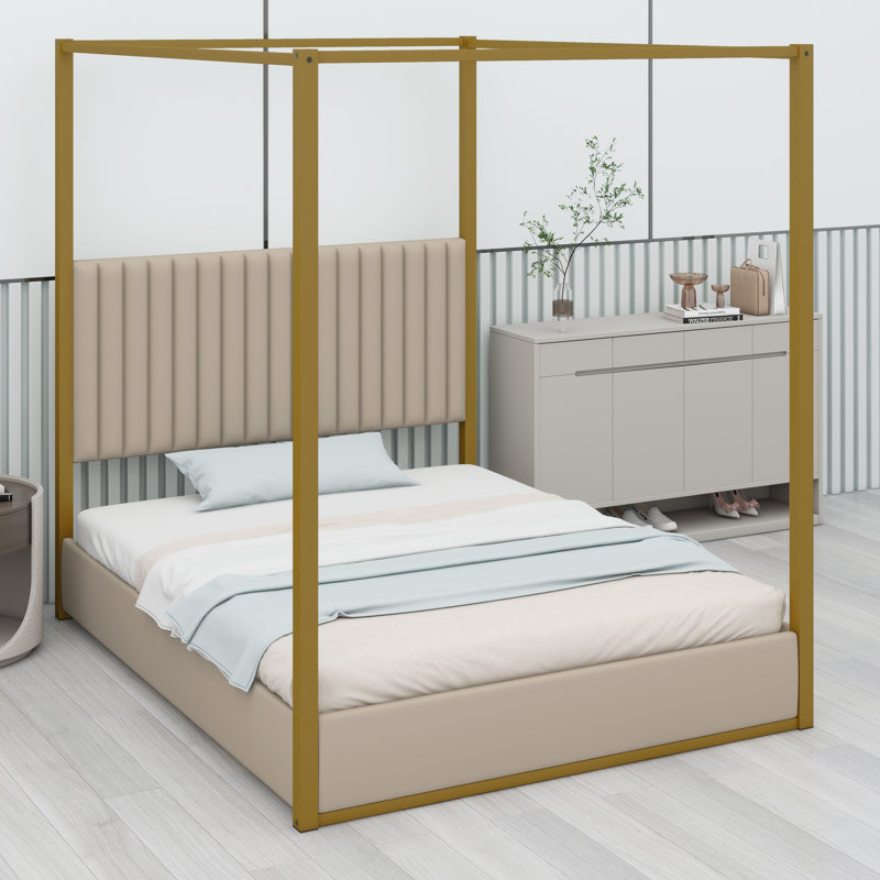 Lit plateforme à baldaquin classique avec tête de lit et structure durable, Beige