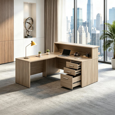 Bureau de réception en forme de L de 59,45 po, bureau de secrétaire avec cloison surélevée et piédestal de tiroir mobile, poste de travail de bureau commercial