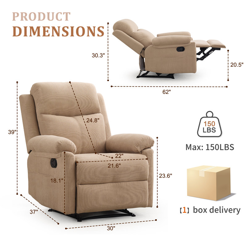 Manual Recliner Chair ,Small Recliners For Small Space, Soft Fabric Upholstered Recliner With Side Pocket, Khaki