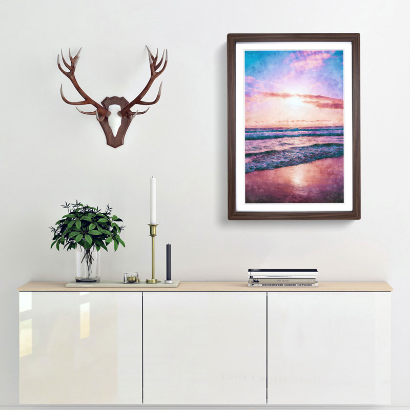 Pink Beach - Single Picture Frame Print on MDF, 33cm H x 24cm W x 2cm D, Walnut Framed