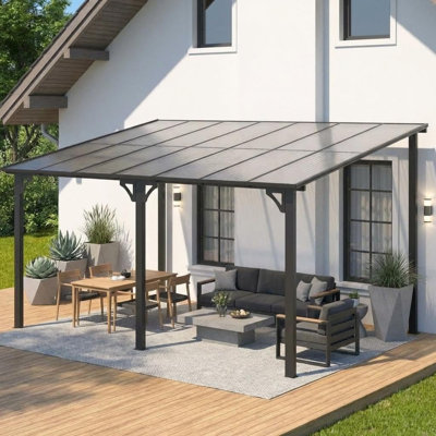 10x14Ft Wall Mounted Gazebo Hard Top Lean to Pergola with Roof & Gutters-Black