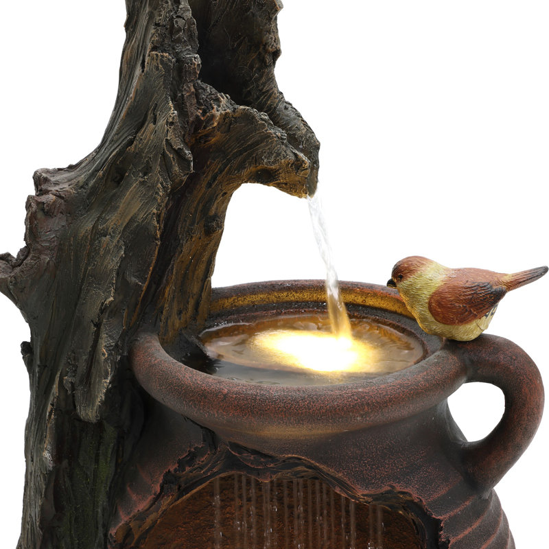 Rain Barrel Pot with Tree and Birds 2.5-Feet Tall Outdoor Polyresin Fountain with Light