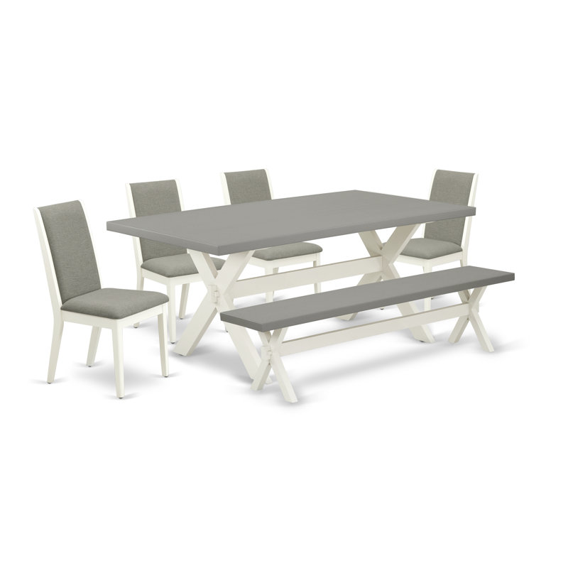 L'ensemble de table de salle à manger 6 pièces moderne comprend une table rectangulaire en bois avec des pieds en X et 4 chaises Parson en tissu Shitake en lin avec un banc, en lin brossé blanc