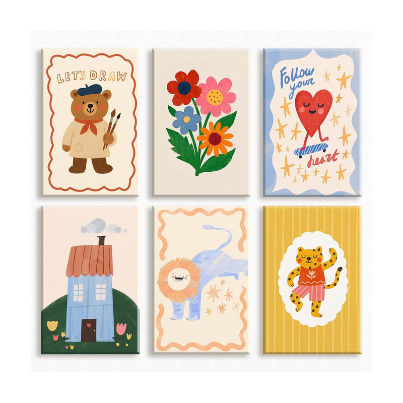 Set Of 6 Nursery Canvas Wall Art, Colorful Flowers And House Poster For Baby Room, Cute Bear Playroom Print, Lion And Tiger Cartoon Painting For Toddler Bedroom 16X24in Wrapped Canvas