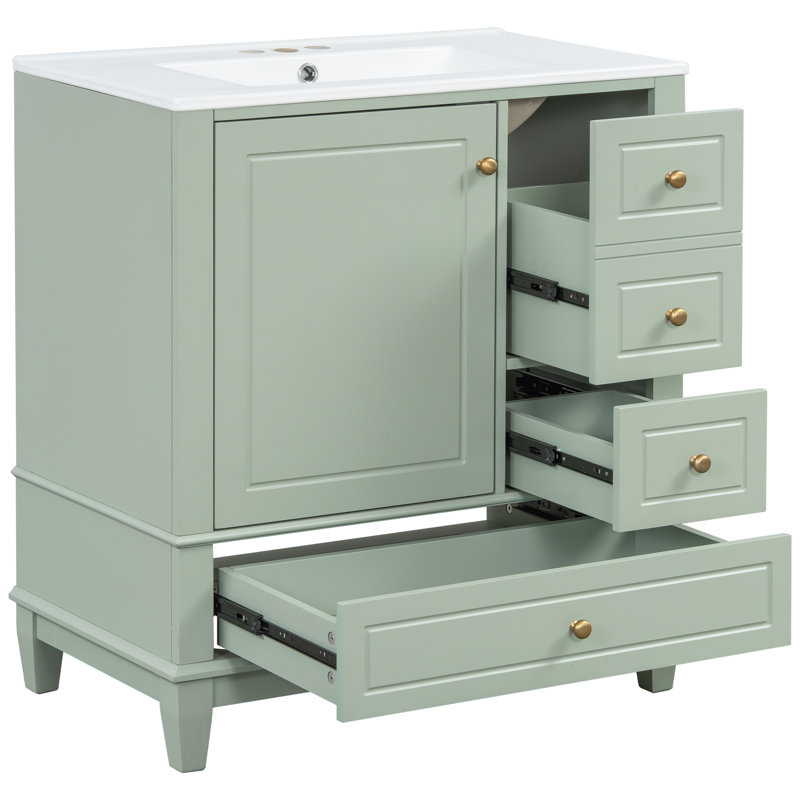 Meuble-lavabo avec lavabo, tablette et tiroirs, Vert clair, Doré