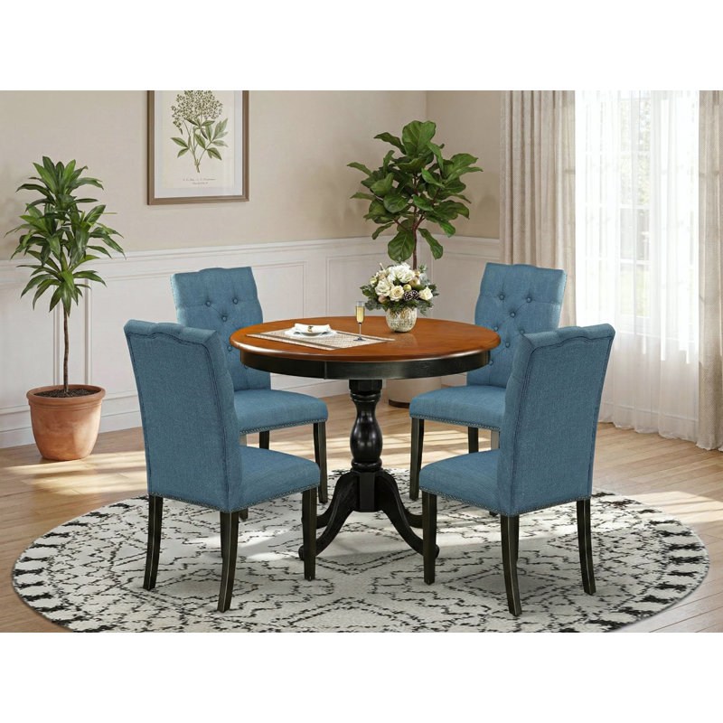 Ensemble de table de salle à manger 5 pièces comprenant une table ronde et 4 chaises de cuisine en tissu de lin bleu avec dossier capitonné - Finition noire