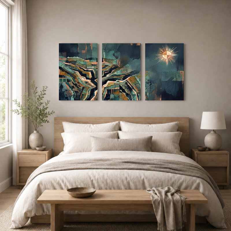 Ensemble de 3 toiles abstraites à motif géométrique bleu sarcelle et cuivre, H 18 po x l 12 po x 3 pièces
