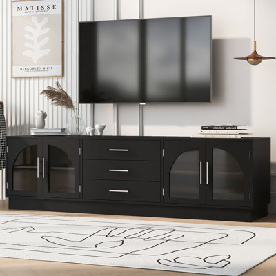 Élégant meuble télé à portes vitrées avec tablettes réglables et tiroirs spacieux