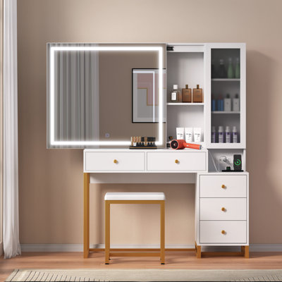 Modern Vanity Desk with LED Lights and Storage, Makeup Vanity Table With Charging Station & 5 Drawers, Storage Cabinet, Vanity Set With Sliding Mirror by Mercer41