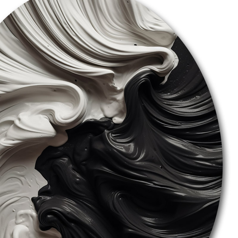 Noir et blanc marbré, paysage de rêve I - art abstrait géométrique rond en métal, H 23 po x l 23 po x P 1 po