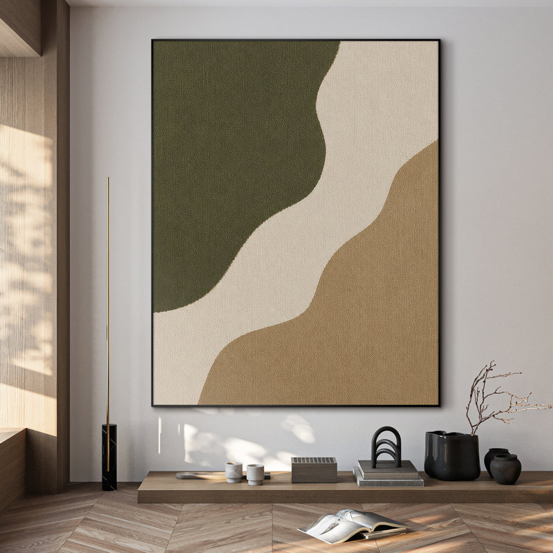Très grand art mural imprimé sur tissu - Courbes abstraites organiques dans des tons de vert olive et de sable pour le salon ou la chambre à coucher - «Assemblage du cadre requis (cadre non fini)»