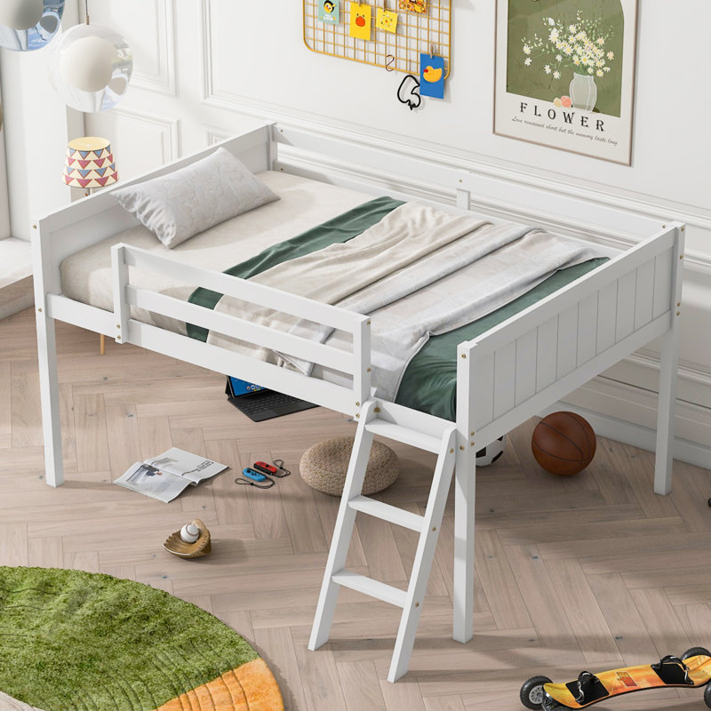 Lit mezzanine bas en bois avec échelle, Blanc, Lit double