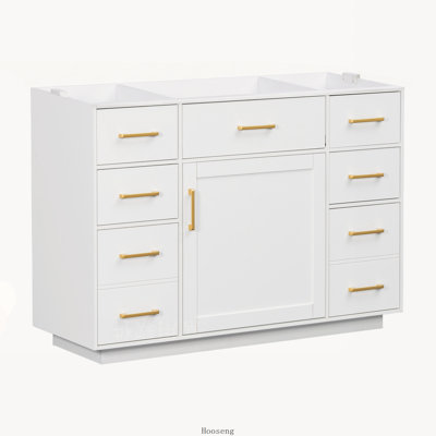 Base de meuble-lavabo de salle de bain autoportant 48 po seulement, armoire en panneau de fibres à densité moyenne avec 6 tiroirs coulissants, 1 tiroir basculant et 1 porte, charnières à fermeture en douceur, finition peinte, noir