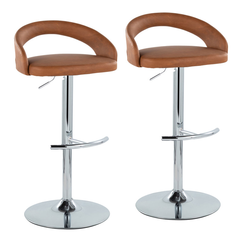 Laurenzio Upholstered Adjustable Bar Stool with Rounded T Footrest, Camel Faux Leather, Set of 2, Chrome 