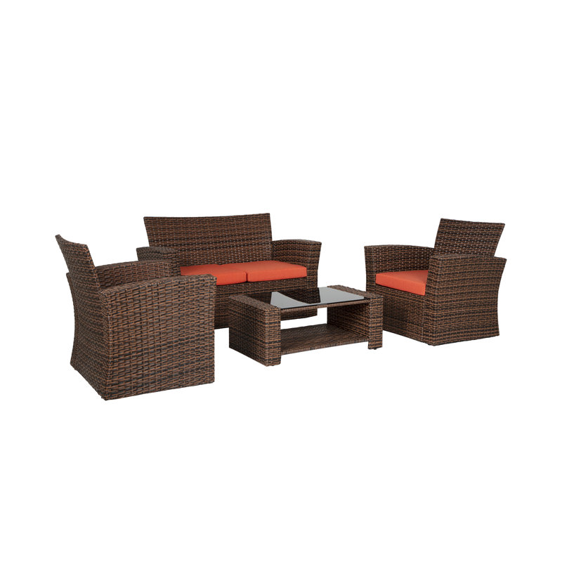Ensemble de conversation en osier / rotin pour 4 personnes avec coussins Delano, Tissu performance orange, Brun