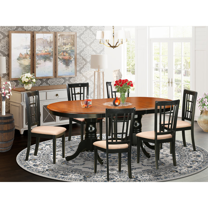 7 Piece Dining Room Furniture Set Consist of an Oval Kitchen Table with Butterfly Leaf and 6 Linen Fabric Upholstered Chairs, 42x78 Inch, Black & Cherry