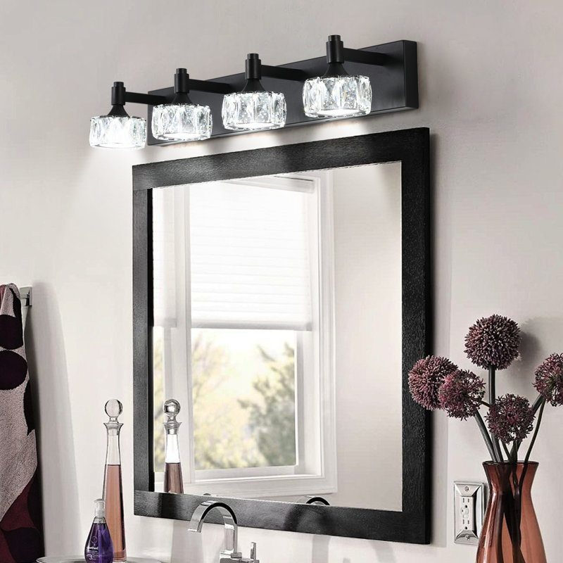 Crystal Glass Shaded Matte Black 4- Led Bathroom Vanity Fixture Wall Sconce With And Shades, 4, 4.75" H x 8.04" W x 27.32" D