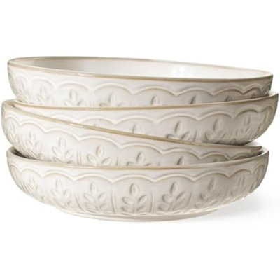 Bols à pâtes, grands bols de service à salade 50 oz, ensemble de bols à assiettes de 9,75 po, 4 grands bols à soupe en céramique blancs pour la cuisine, bol de vaisselle peu profond en relief, va au lave-vaisselle au micro-ondes, feuille de blé