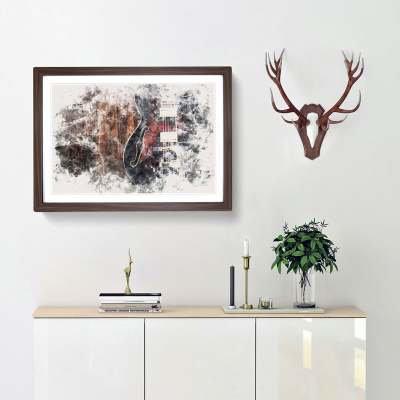 Wooden Electric Guitar Watercolour - Framed Print, Walnut, 45cm H x 63cm W x 2cm D