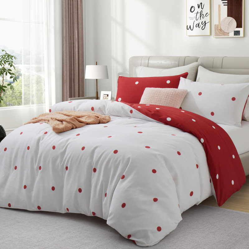 Reversible Microfiber Duvet Cover Set - 2 in 1 Pattern Printed Duvet with Matching Pillow Covers, Red/White Polka Dots