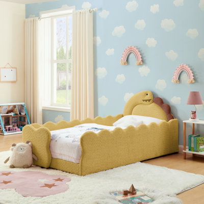 Twin Size Cute Dinosaur-Shaped Kids Bed With Safety Guardraild, Solid Wood Toddler Bed Frame For Children For Bedroom, Boucle Fabric