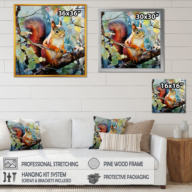 Curieux écureuil en été III - Écureuil, art mural animal, Cadre flottant doré, H 30 po x l 30 po x P 1,5 po