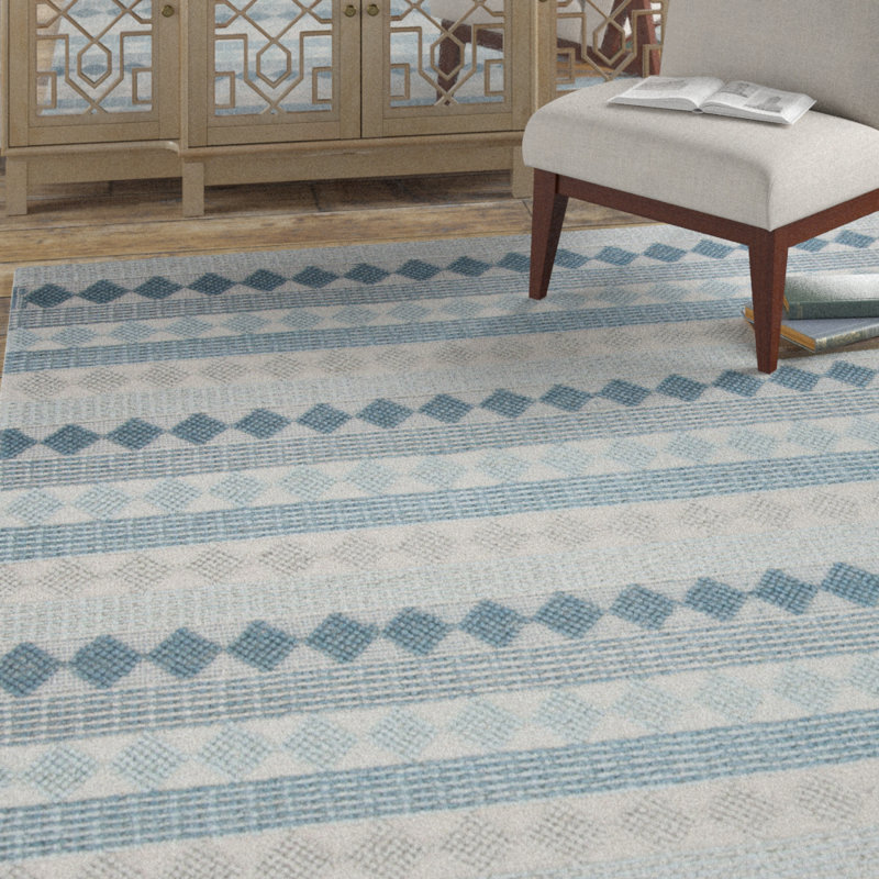 Tapis géométrique beige / bleu en laine / coton tissé à la main Jacques Natura, Rectangle 8 pi x 10 pi