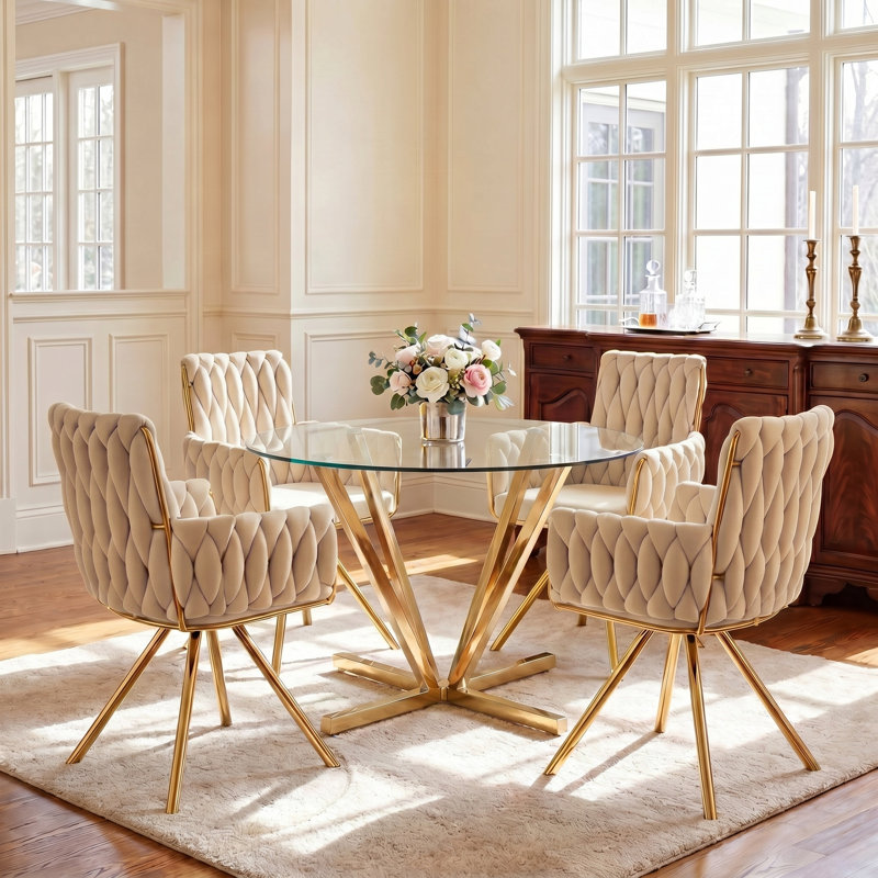 Ensemble de table de salle à manger 45,2 po pour 4 personnes, table de salle à manger moderne en verre trempé avec 4 chaises rembourrées en velours