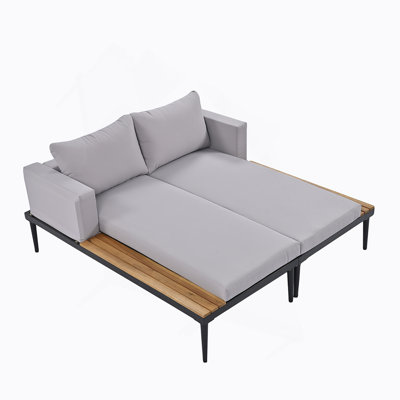 Outdoor Daybed Patio Metal Daybed With Wood Topped Side Spaces  For Drinks, Chaise Lounges