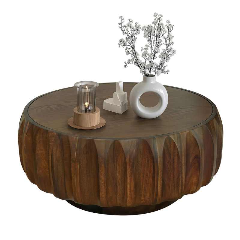 Khadim 31.5" Round Drum Coffee Table, Dark Brown Wood