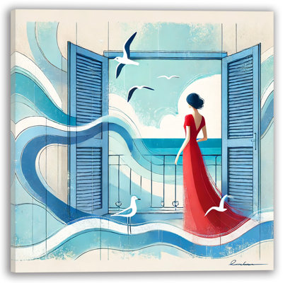 Fenêtre sur la mer: Femme en robe rouge avec mouettes, art mural sur toile