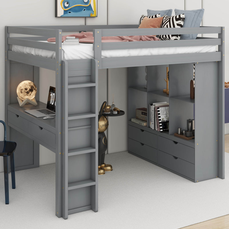 Jashay Kids Full Loft Bed with Drawers, Gray