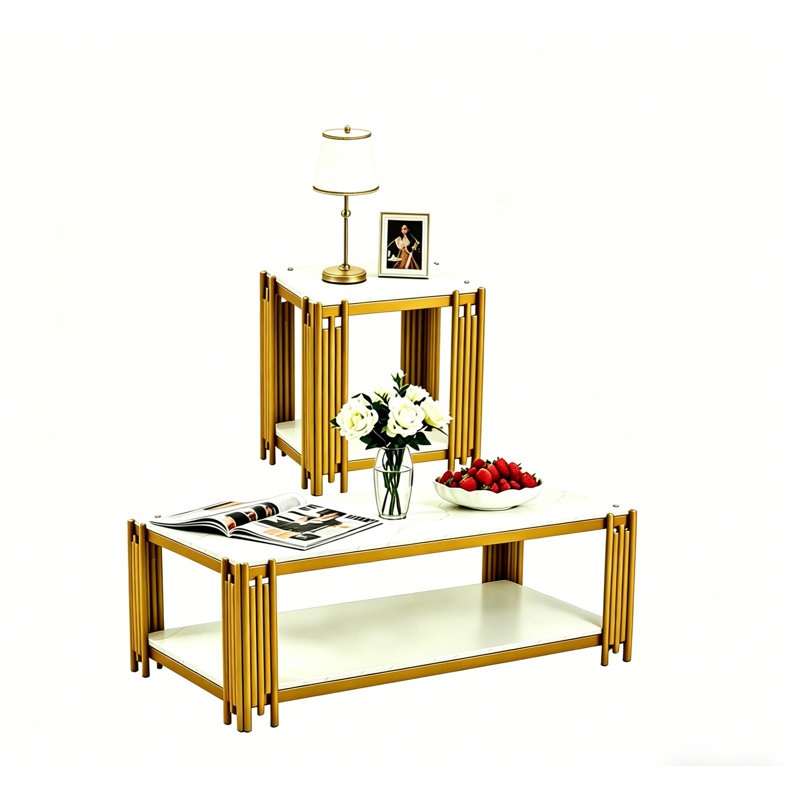 3 Piece Coffee Table Set of 3, White Faux Marble Coffee Table and 2 End Tables Set for Living Room, Modern Living Room Table Set with 2-Tier Storage Shelf and Metal Frame for Small Space, Apartment