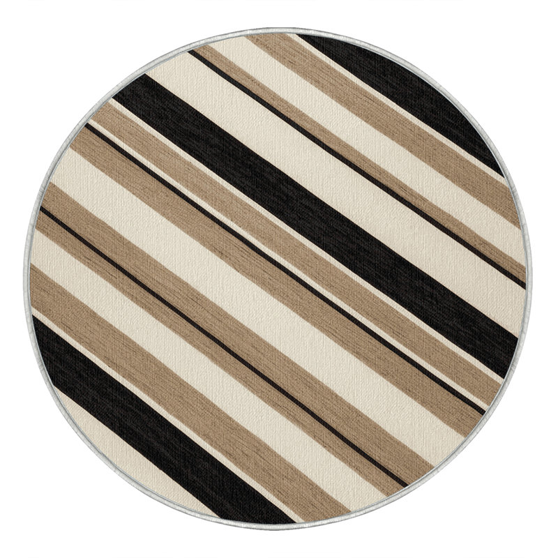 Washable Light Beige Charcoal Striped Area Rug, Round 5'