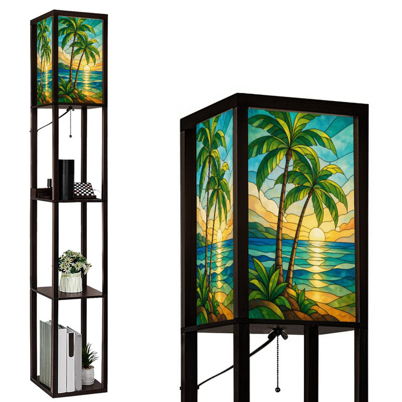 Lampe sur pied DEL à intensité variable, motif vitrail tropical (palmiers, vagues, coucher de soleil), structure en MDF avec télécommande, 3 couleurs d'éclairage, idéal pour le salon ou la chambre.