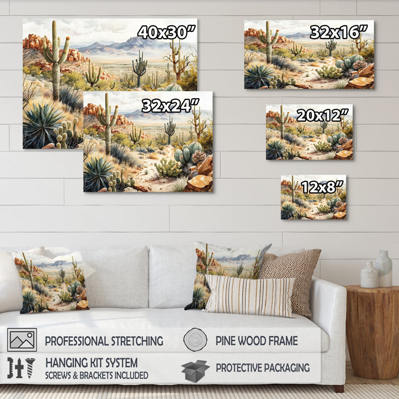 Arizona Desert Cactus I - art mural occidental, H 12 po x l 20 po x P 1 po, Toile tendue