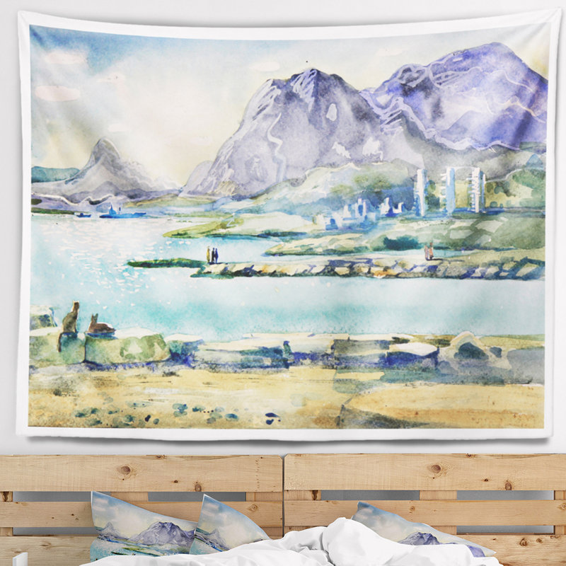 Paysage aquarelle blue hills tapisserie, H 32 po x l 39 po