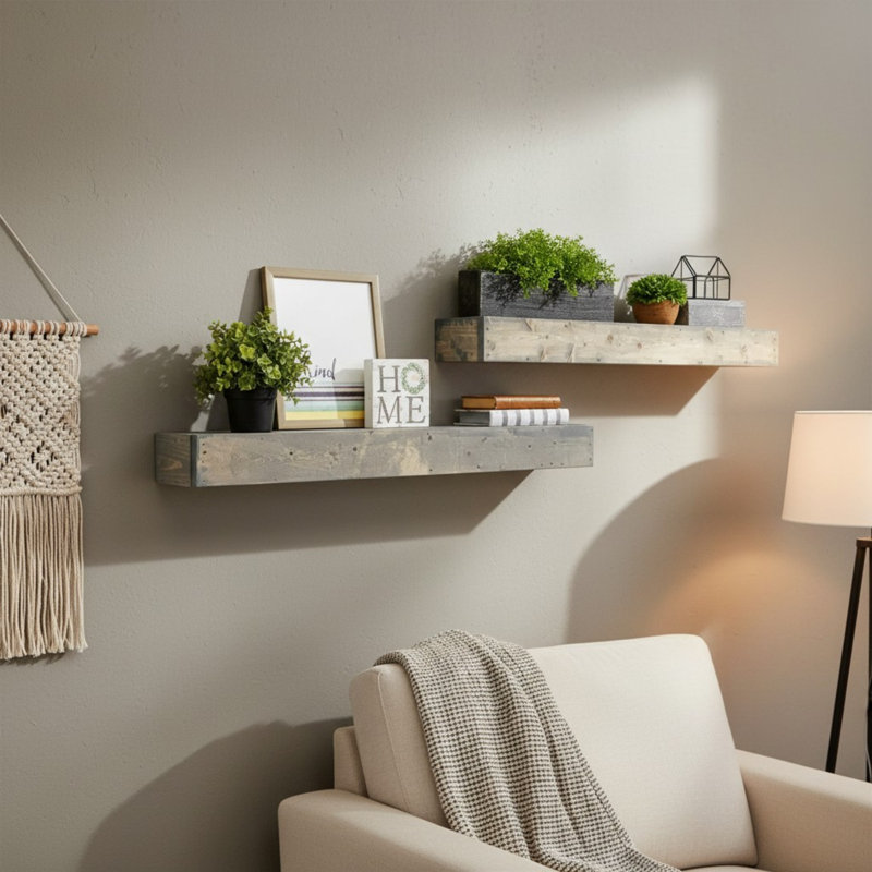 2 Piece Pine Floating Shelf, 3.75" H x 36" W x 6" D, Gray