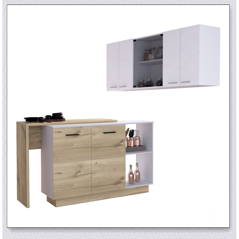 Ensemble de cuisine en chêne clair 2 pièces avec îlot et armoire murale, beaucoup de rangement et deux surfaces pour une organisation efficace