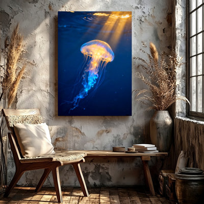 Glowing Jellyfish Ocean Underwater Blue Marine Canvas Wall Art Print, Blue Stylish Poster Artwork For Living Room Decor, Gallery Wall Accent, Modern Home Decor, Statement Wall Decor