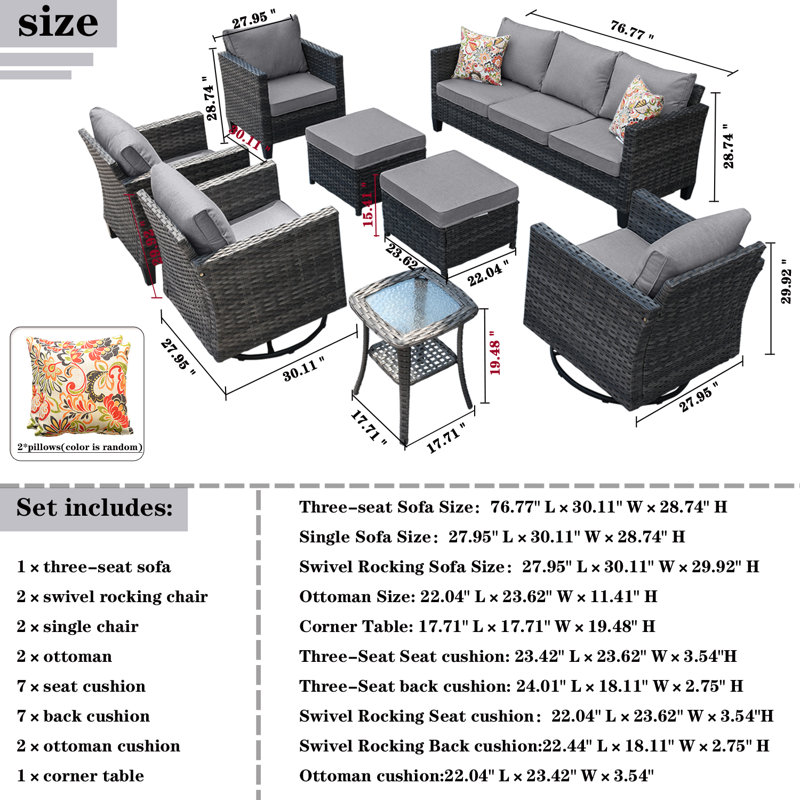 Ben 9 - Person Patio Conversation Set with Cushions, Dark Gray