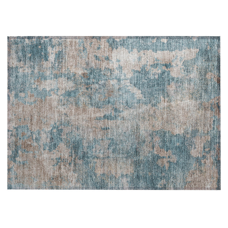 2' X 3' Blue Abstract Washable Non Skid Indoor Outdoor Area Rug, Teal/Taupe
