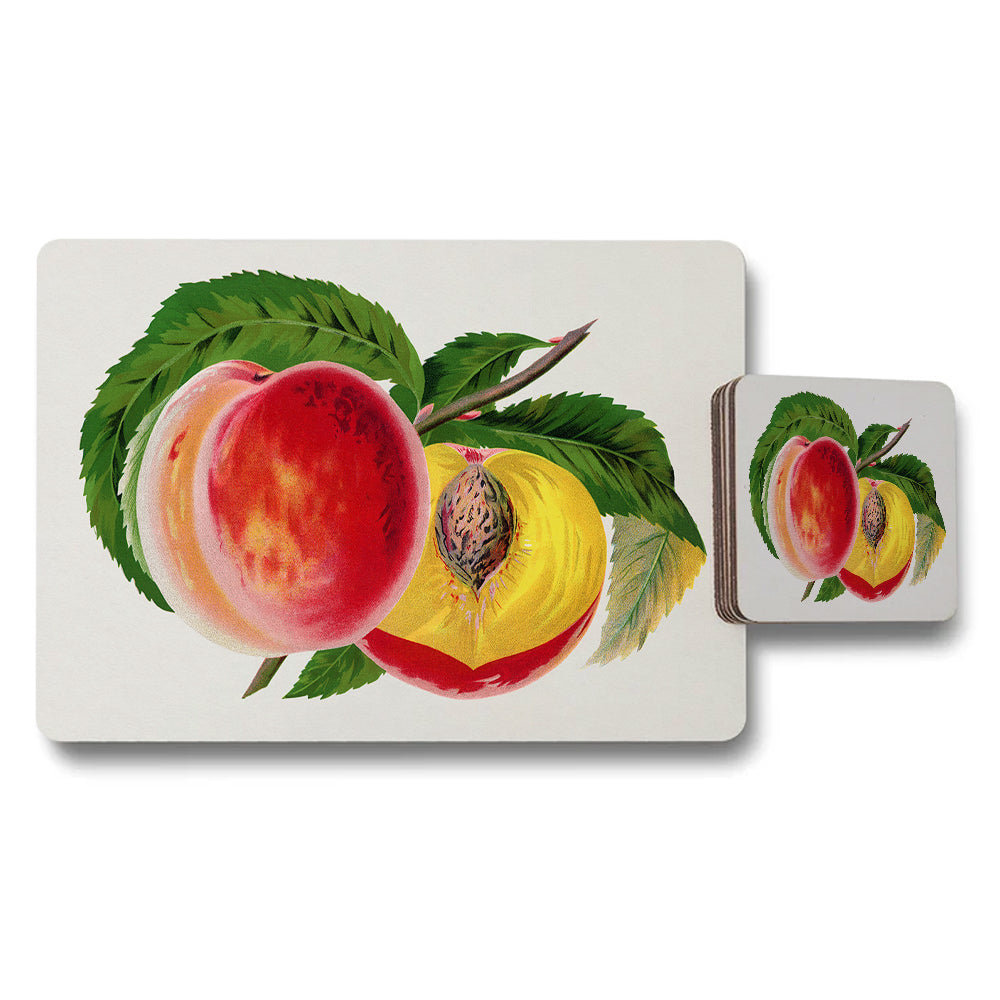 Peach Illustration Placemats And Coasters Set With Green Leaves