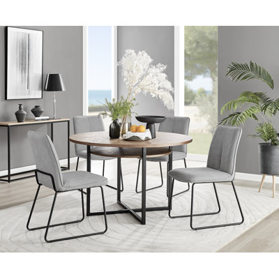 Round Concrete Effect & Black Legs Dining Table With Storage Shelf & 4 Luxury Velvet Dining Chairs