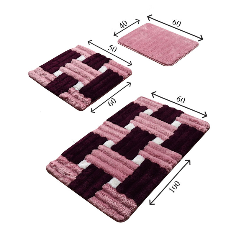 Ensemble de tapis pour salle de bain 3 pièces Abeni, Rose / noir / blanc