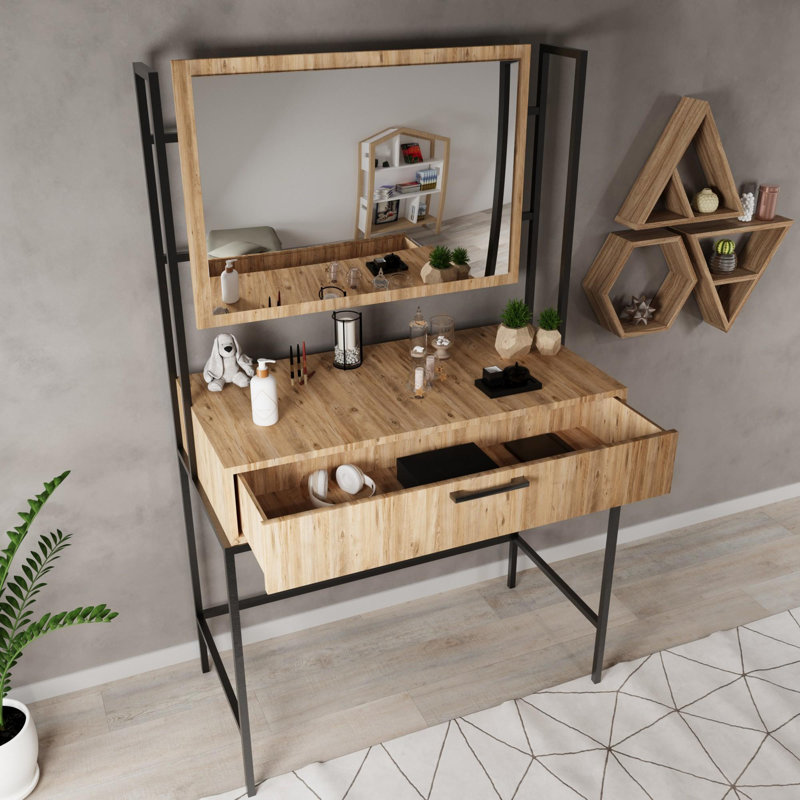 Table de maquillage élégante avec pieds en métal thermolaqués électrostatiques, couleur pin, 47,2 po x 63,0 po x 15,7 po | Panneau de particules 100% enduit de mélamine, durable et élégant pour votre chambre à coucher ou votre vestiaire, design moderne