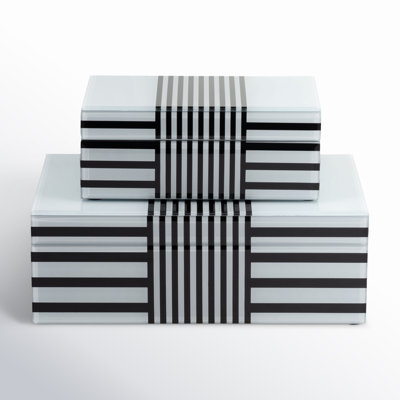 Set of 2 Decorative Storage Boxes Contemporary Black and White Striped Wooden Boxes