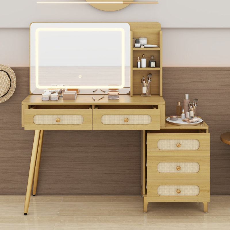 Coiffeuse en rotin avec miroir lumineux à DEL, coiffeuse rétro avec 5 tiroirs et tablette de rangement, Naturel